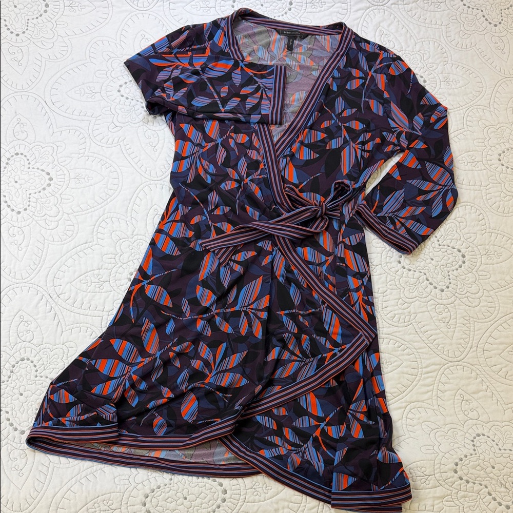 BCBGMaxAzria Adele Long Sleeve Midi Wrap Dress - Vibrant Geometric Floral Design - Picture 3 of 9
